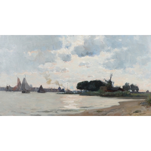 352 - EDMUND AUBREY HUNT (1855-1922). DUTCH ESTUARY SCENE WITH BOATS BESIDE A WINDMILL. Signed, also inscr... 