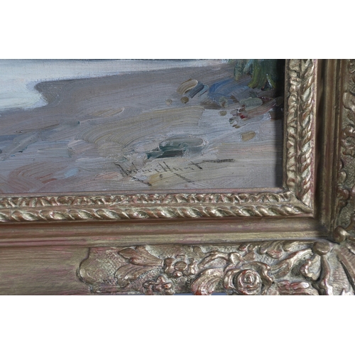 352 - EDMUND AUBREY HUNT (1855-1922). DUTCH ESTUARY SCENE WITH BOATS BESIDE A WINDMILL. Signed, also inscr... 