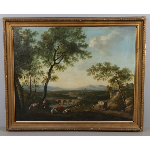 366 - CIRCLE OF GEORGE BARRETT SNR RA ( C. 1730 1784). EXTENSIVE LANDSCAPE WITH TRAVELLERS ON A COUNTRY L... 
