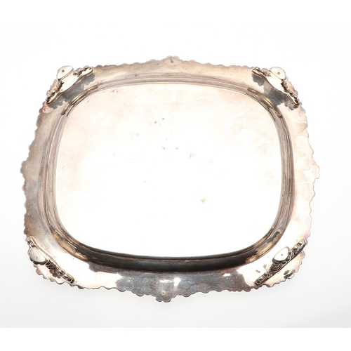 40 - A PAIR OF GEORGE III RECTANGULAR SILVER SALVERS. With cast foliate motif borders and engraved centra... 