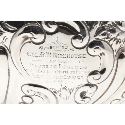 41 - AN EARLY 20TH CENTURY SILVER ROSE BOWL, MILITARY INTEREST. Of circular form with embossed lobes and ... 