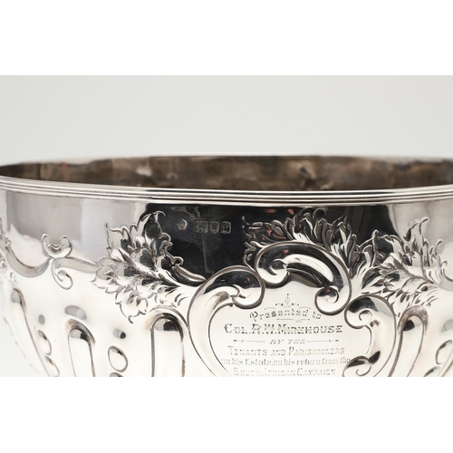 41 - AN EARLY 20TH CENTURY SILVER ROSE BOWL, MILITARY INTEREST. Of circular form with embossed lobes and ... 