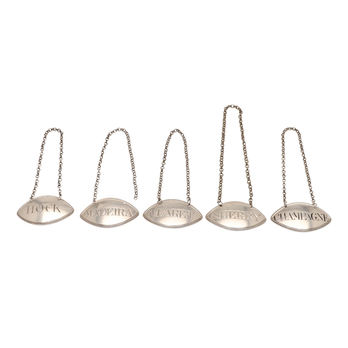 48 - A SET OF FIVE 18TH CENTURY SILVER WINE LABELS. Of oval form, featuring 'Claret', 'Champagne', 'Hock'... 