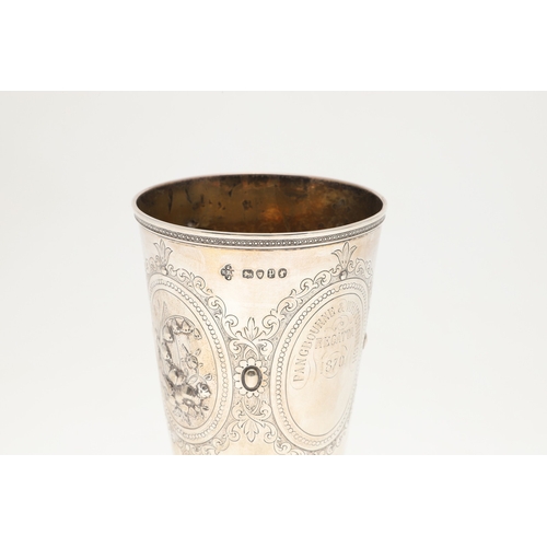 62 - A VICTORIAN SILVER GOBLET. With engraved and repousse decoration of floral cartouches and other desi... 