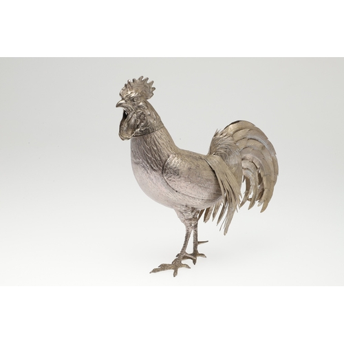 69 - A PAIR OF EARLY 20TH CENTURY IMPORTED SILVER STUDIES OF COCKERELS. Of the same pose, with foreign ma... 