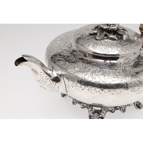 78 - A WILLIAM IV SILVER TEAPOT. Featuring engraved foliate and cartouche decoration (with crest), on fou... 