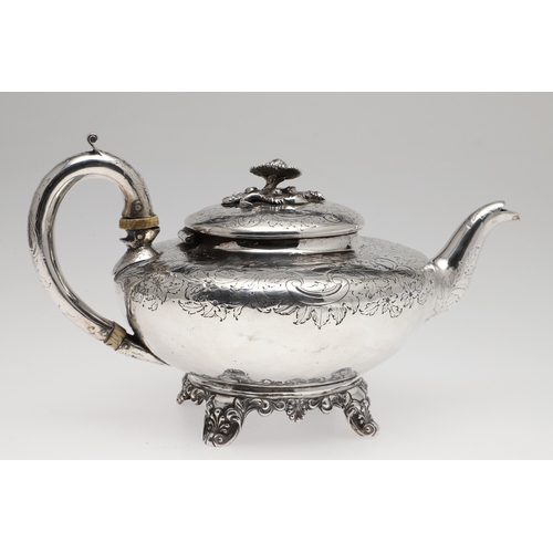 78 - A WILLIAM IV SILVER TEAPOT. Featuring engraved foliate and cartouche decoration (with crest), on fou... 