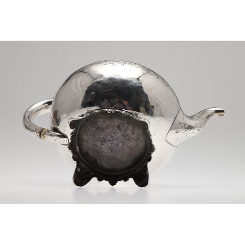 78 - A WILLIAM IV SILVER TEAPOT. Featuring engraved foliate and cartouche decoration (with crest), on fou... 