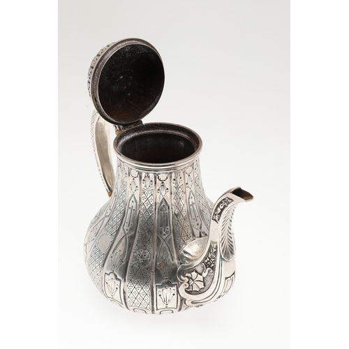 80 - A VICTORIAN SILVER COFFEE POT. Of baluster form, engraved with an alternating pattern of cross-hatch... 