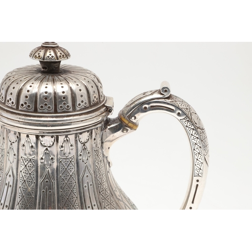 80 - A VICTORIAN SILVER COFFEE POT. Of baluster form, engraved with an alternating pattern of cross-hatch... 