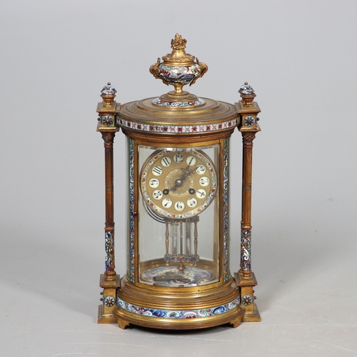 391 - A 19TH CENTURY FRENCH GILT METAL AND CLOISONNE ENAMEL MANTEL CLOCK. the cylindrical four glass case ... 