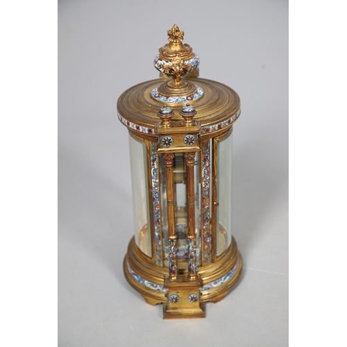 391 - A 19TH CENTURY FRENCH GILT METAL AND CLOISONNE ENAMEL MANTEL CLOCK. the cylindrical four glass case ... 