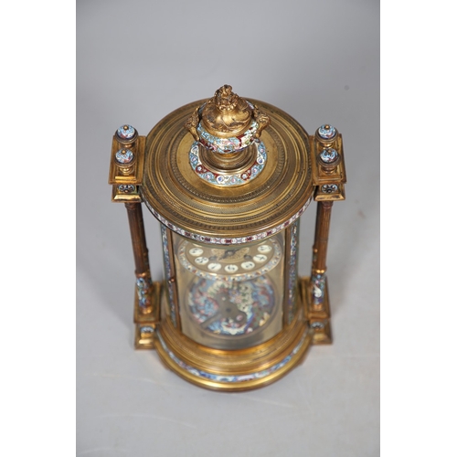 391 - A 19TH CENTURY FRENCH GILT METAL AND CLOISONNE ENAMEL MANTEL CLOCK. the cylindrical four glass case ... 