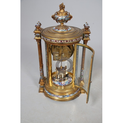 391 - A 19TH CENTURY FRENCH GILT METAL AND CLOISONNE ENAMEL MANTEL CLOCK. the cylindrical four glass case ... 