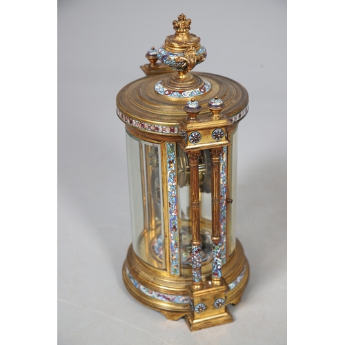 391 - A 19TH CENTURY FRENCH GILT METAL AND CLOISONNE ENAMEL MANTEL CLOCK. the cylindrical four glass case ... 