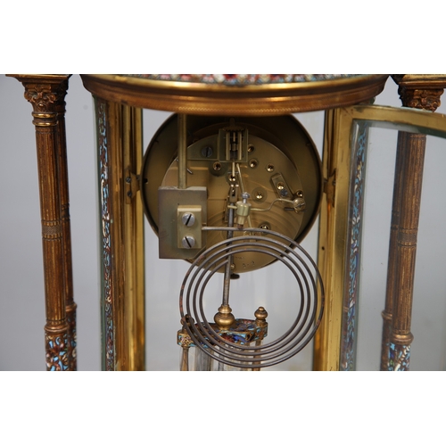 391 - A 19TH CENTURY FRENCH GILT METAL AND CLOISONNE ENAMEL MANTEL CLOCK. the cylindrical four glass case ... 