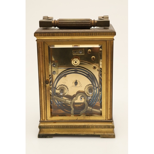 395 - A 19TH CENTURY FRENCH REPEATER CARRIAGE CLOCK. the enamel dial with Roman numerals, signed Reid & So... 