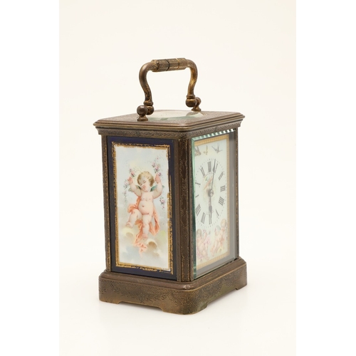 397 - A 19TH CENTURY FRENCH BRASS AND PORCELAIN CARRIAGE CLOCK. the case engraved with foliate detail and ... 