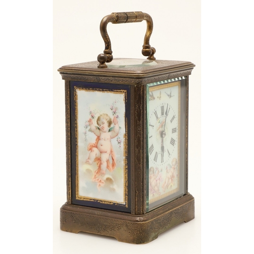 397 - A 19TH CENTURY FRENCH BRASS AND PORCELAIN CARRIAGE CLOCK. the case engraved with foliate detail and ... 