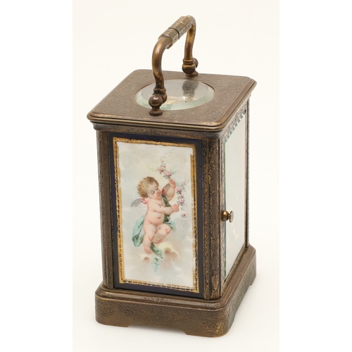 397 - A 19TH CENTURY FRENCH BRASS AND PORCELAIN CARRIAGE CLOCK. the case engraved with foliate detail and ... 