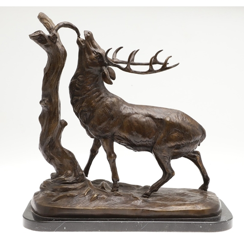 419 - AFTER PIERRE JULES MENE, EARLY 20TH CENTURY PATINATED BRONZE OF A STAG. modelled to a naturalistic b... 