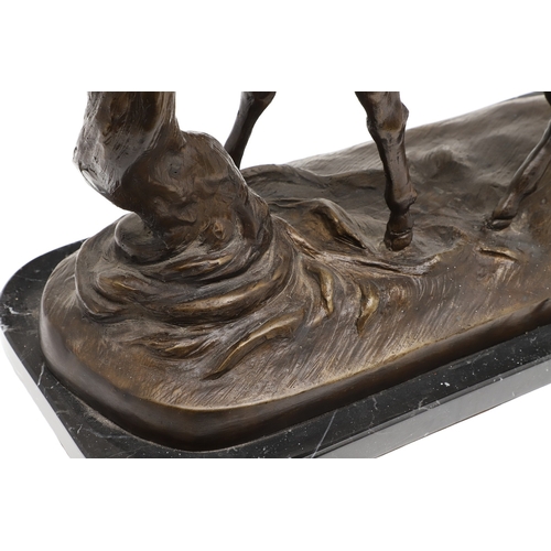 419 - AFTER PIERRE JULES MENE, EARLY 20TH CENTURY PATINATED BRONZE OF A STAG. modelled to a naturalistic b... 