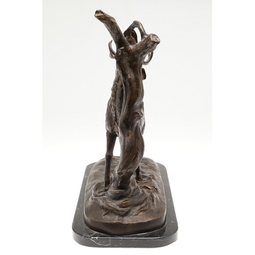 419 - AFTER PIERRE JULES MENE, EARLY 20TH CENTURY PATINATED BRONZE OF A STAG. modelled to a naturalistic b... 