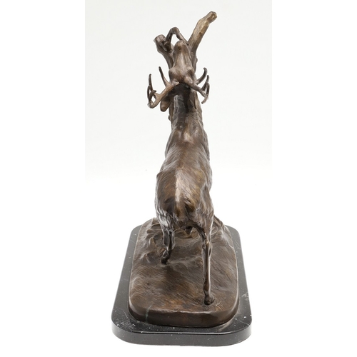 419 - AFTER PIERRE JULES MENE, EARLY 20TH CENTURY PATINATED BRONZE OF A STAG. modelled to a naturalistic b... 