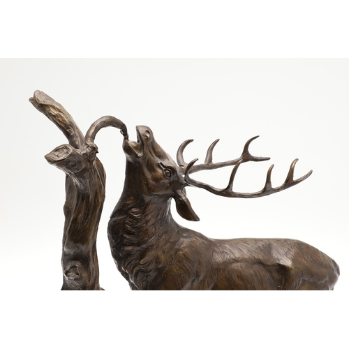419 - AFTER PIERRE JULES MENE, EARLY 20TH CENTURY PATINATED BRONZE OF A STAG. modelled to a naturalistic b... 