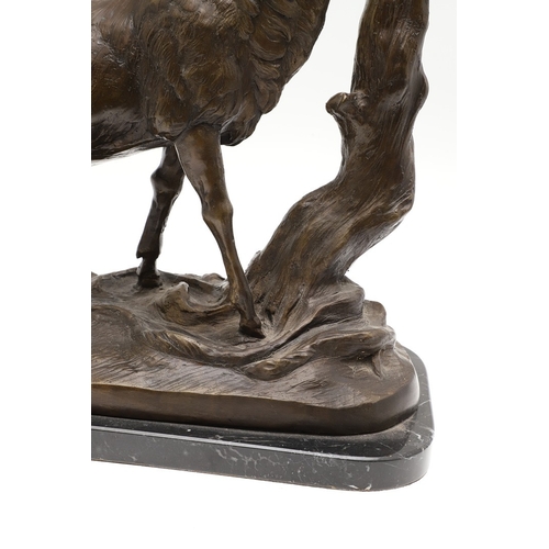 419 - AFTER PIERRE JULES MENE, EARLY 20TH CENTURY PATINATED BRONZE OF A STAG. modelled to a naturalistic b... 