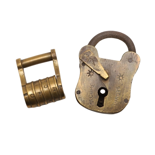 428 - A RARE VICTORIAN BRASS COMBINATION ALPHABET LOCK. with four rotating rings, 2cm wide, together with ... 