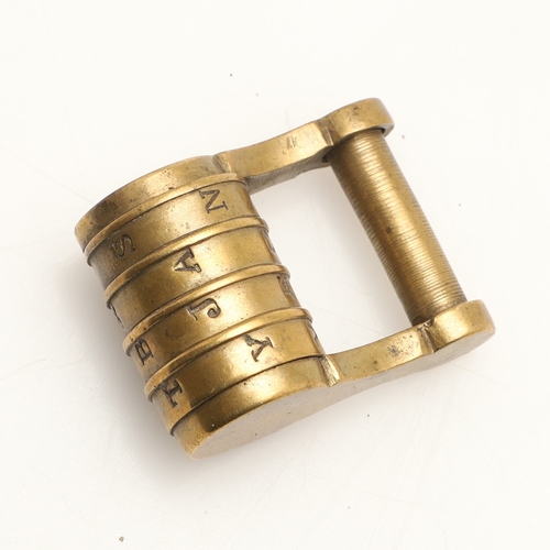 428 - A RARE VICTORIAN BRASS COMBINATION ALPHABET LOCK. with four rotating rings, 2cm wide, together with ... 