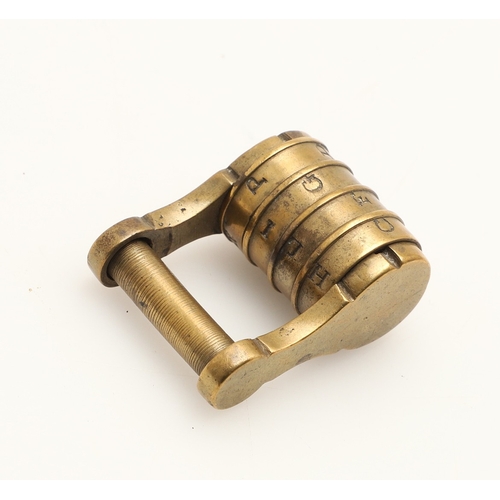 428 - A RARE VICTORIAN BRASS COMBINATION ALPHABET LOCK. with four rotating rings, 2cm wide, together with ... 