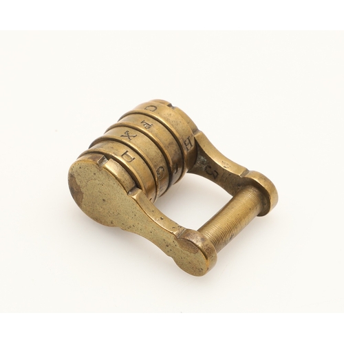 428 - A RARE VICTORIAN BRASS COMBINATION ALPHABET LOCK. with four rotating rings, 2cm wide, together with ... 