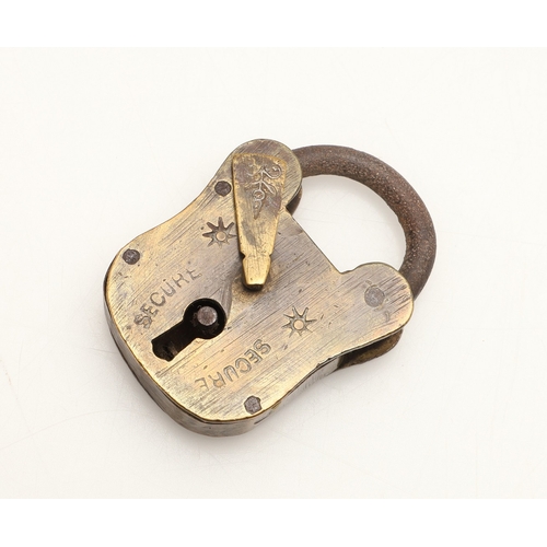 428 - A RARE VICTORIAN BRASS COMBINATION ALPHABET LOCK. with four rotating rings, 2cm wide, together with ... 