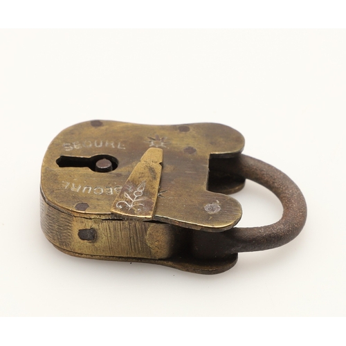 428 - A RARE VICTORIAN BRASS COMBINATION ALPHABET LOCK. with four rotating rings, 2cm wide, together with ... 