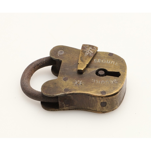 428 - A RARE VICTORIAN BRASS COMBINATION ALPHABET LOCK. with four rotating rings, 2cm wide, together with ... 