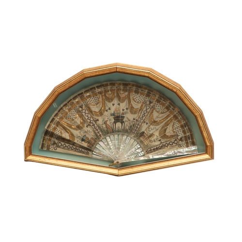 429 - A REGENCY MOTHER OF PEARL AND SEQUINNED FAN. painted with Classical decoration of urns, doves, a hou... 