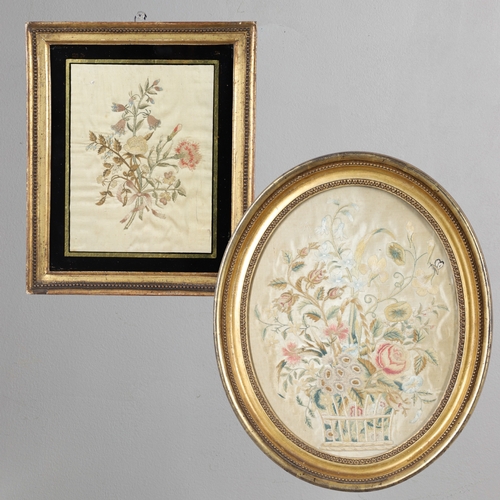 434 - A REGENCY OVAL SILKWORK FLORAL PICTURE. depicting a basket of flowers within a gilded frame, 39cm x ... 