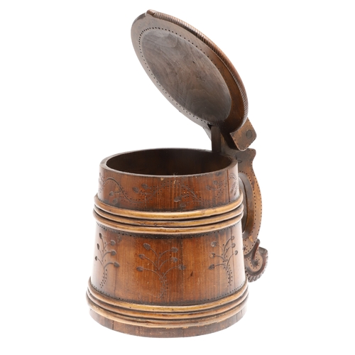 436 - A LARGE 19TH CENTURY SCOTTISH WOODEN PEG TANKARD. of tapered form with willow banding and hammered f... 