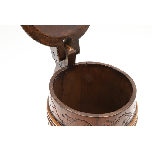 436 - A LARGE 19TH CENTURY SCOTTISH WOODEN PEG TANKARD. of tapered form with willow banding and hammered f... 