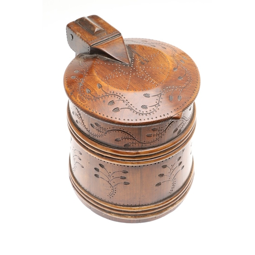 436 - A LARGE 19TH CENTURY SCOTTISH WOODEN PEG TANKARD. of tapered form with willow banding and hammered f... 