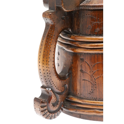 436 - A LARGE 19TH CENTURY SCOTTISH WOODEN PEG TANKARD. of tapered form with willow banding and hammered f... 