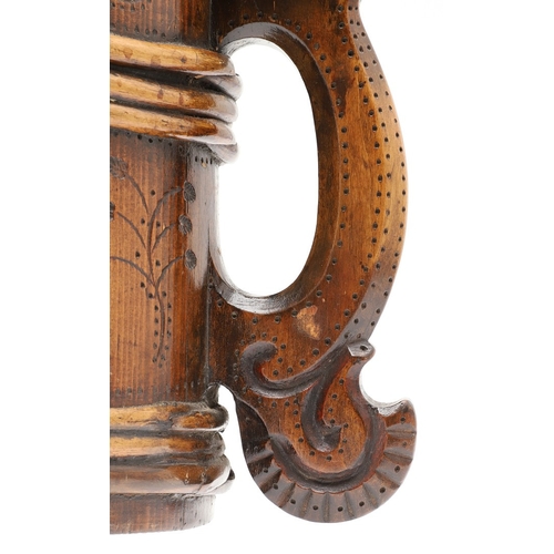 436 - A LARGE 19TH CENTURY SCOTTISH WOODEN PEG TANKARD. of tapered form with willow banding and hammered f... 