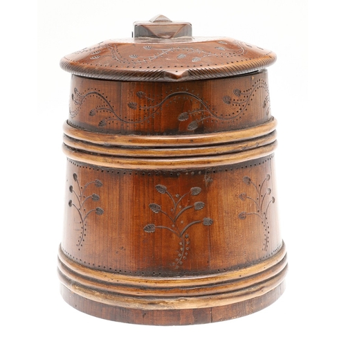 436 - A LARGE 19TH CENTURY SCOTTISH WOODEN PEG TANKARD. of tapered form with willow banding and hammered f... 