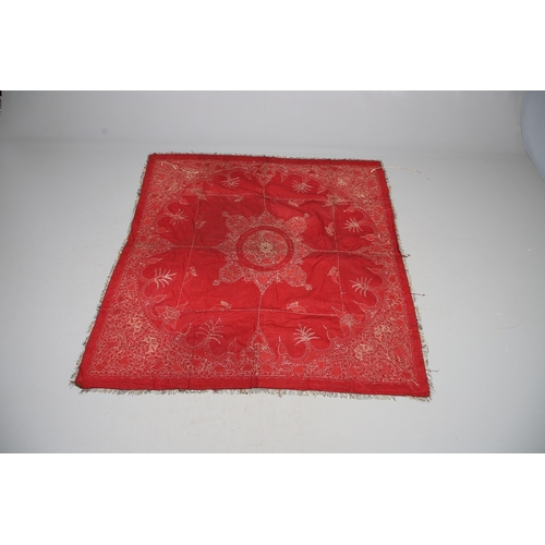 439 - A 19TH CENTURY TURKISH LONG THREAD TABLECLOTH. the embroidered bird and foliate design in gold metal... 