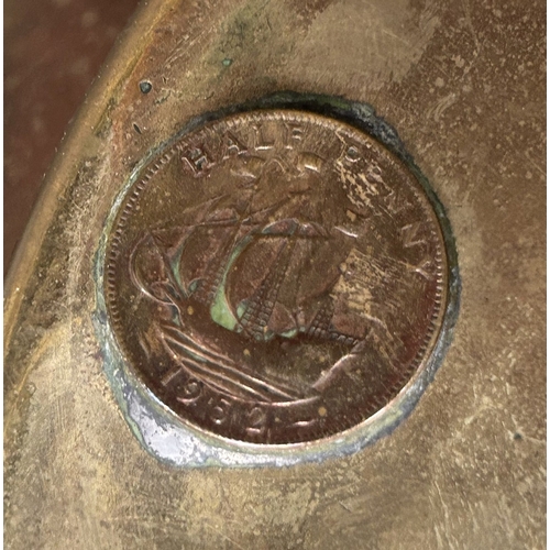 444 - A LARGE MAHOGANY AND BRASS BOUND SHIP'S WHEEL. unattributed, set with two half pennys, dated 1952, 1... 