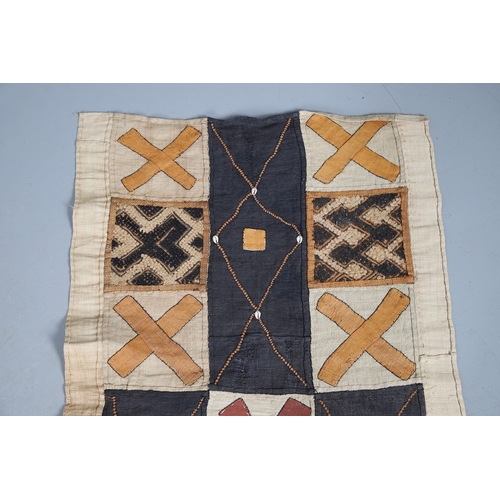 450 - TWO KUBA TEXTILE PANELS (CONGALESE, 20/21ST CENTURY). woven and dyed rafia palm, both embellished wi... 