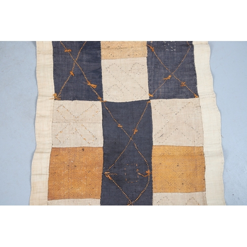 450 - TWO KUBA TEXTILE PANELS (CONGALESE, 20/21ST CENTURY). woven and dyed rafia palm, both embellished wi... 