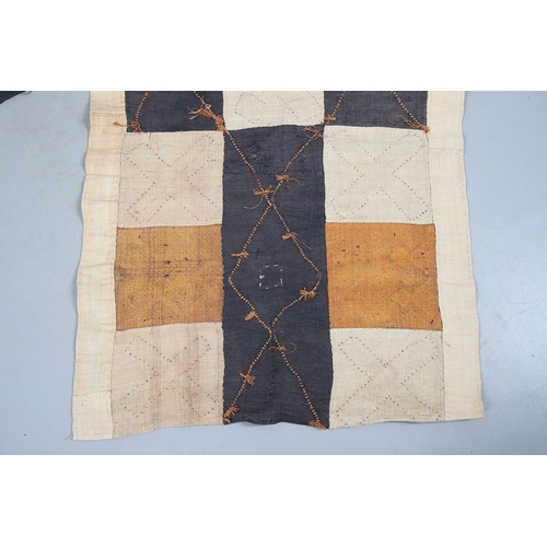 450 - TWO KUBA TEXTILE PANELS (CONGALESE, 20/21ST CENTURY). woven and dyed rafia palm, both embellished wi... 